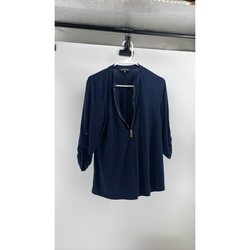 Ellen Tracy Navy Blue Half Zip Roll Tab Sleeve‎ Tunic M